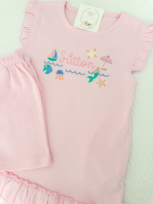 Girls Embroidered Mermaid Shirt & Short Set