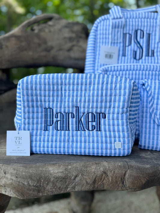 TRVL PIMLICO STRIPE CHAMBRAY QUILTED DIAPER BAG, CHANGING PAD AND EVERYDAY BAG SET