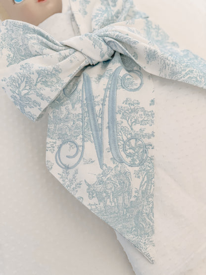 Monogrammed NB Blue Toile Bow Sash
