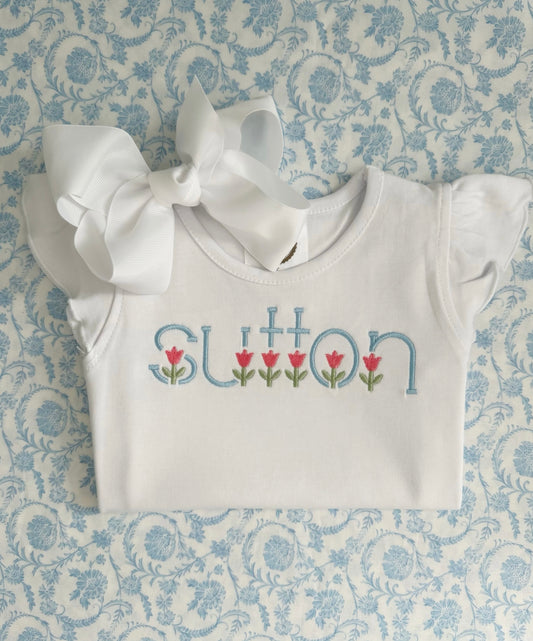 Embroidered Flower Spring Font Flutter Sleeve top/Bubble