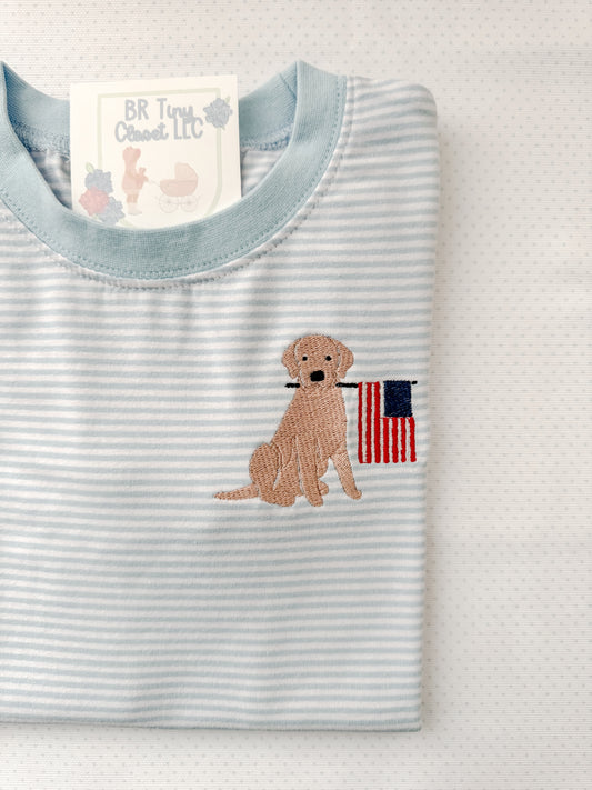 Embroidered SS Light Blue Stripe Puppy/Flag Tee/Bubble
