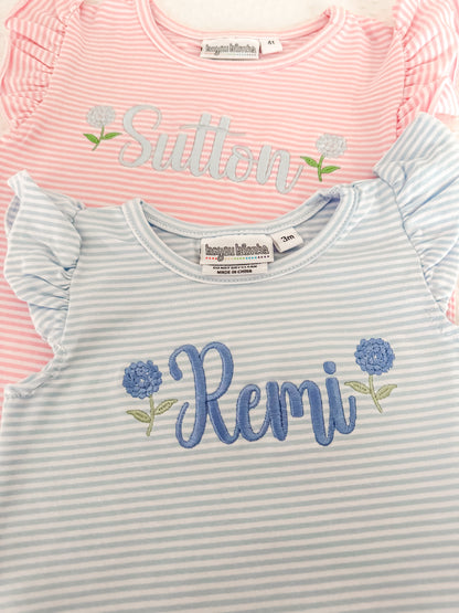 Embroidered Stripe Flutter Sleeve Hydrangeas Bubble/Tee
