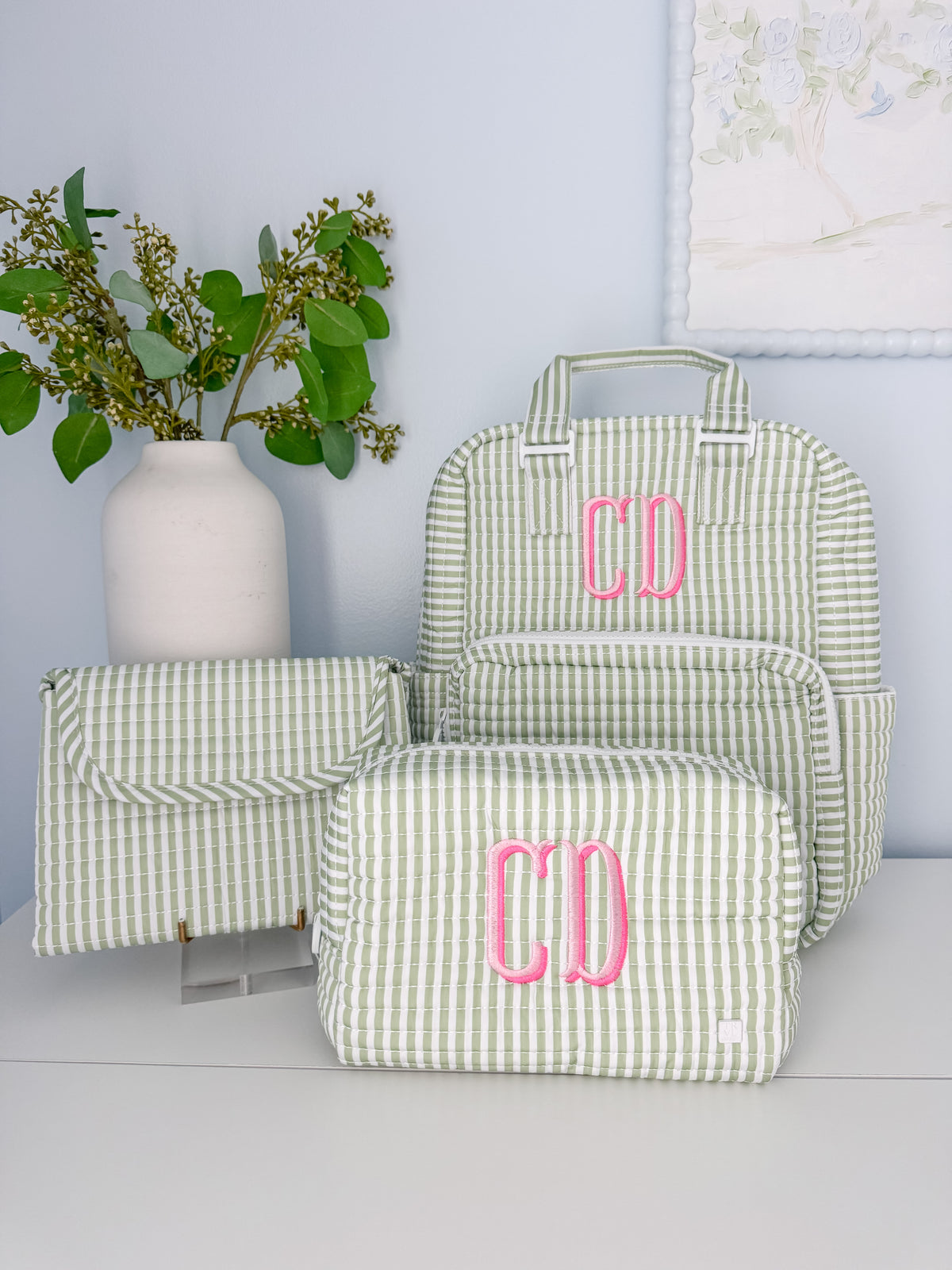 TRVL QUILTED PIMLICO STRIPE SAGE DIAPER BAG, CHANGING PAD AND EVERYDAY BAG SET