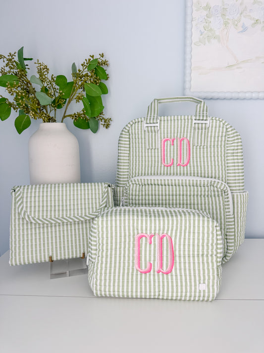 TRVL QUILTED PIMLICO STRIPE SAGE DIAPER BAG, CHANGING PAD AND EVERYDAY BAG SET