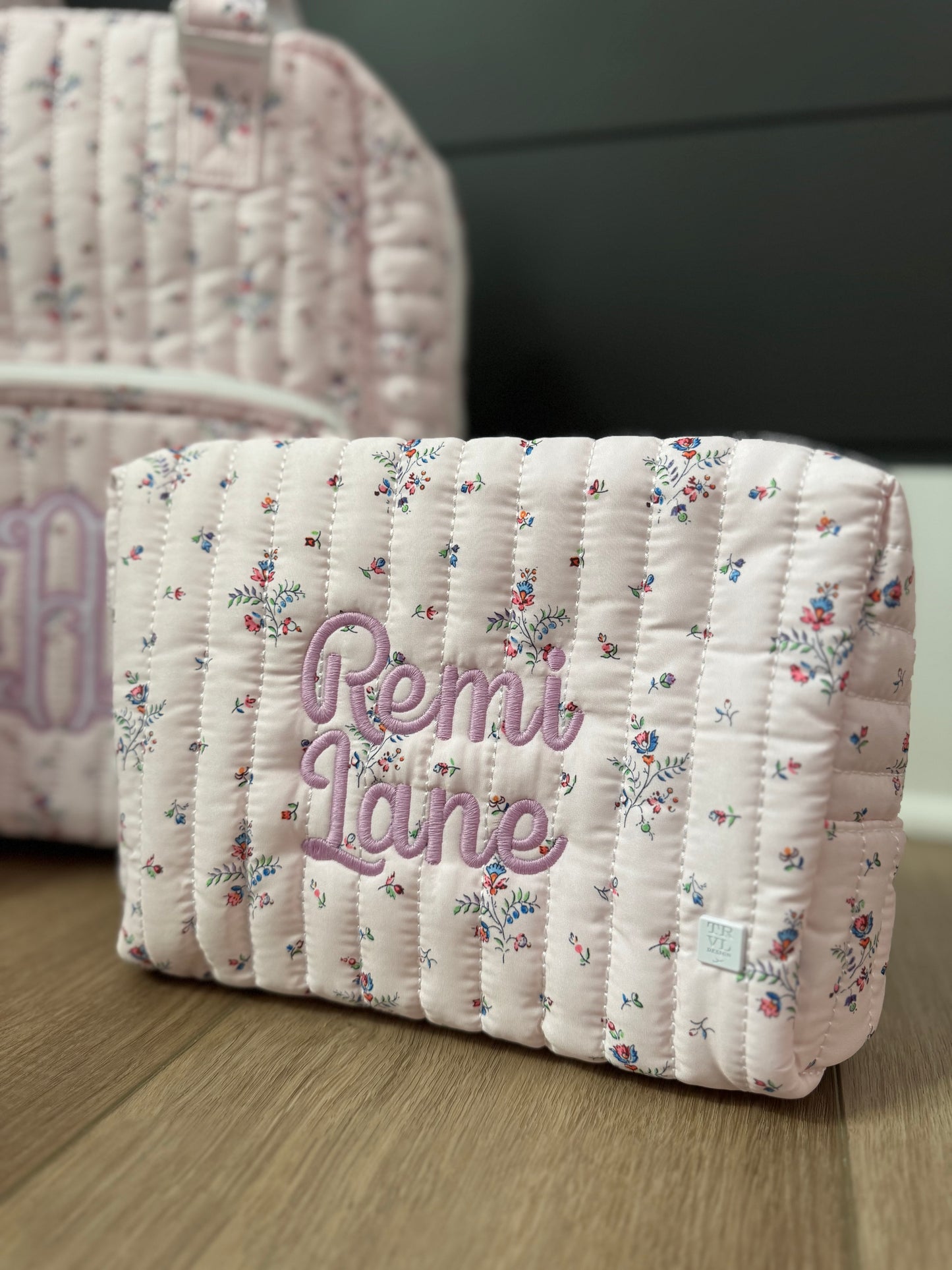 TRVL PINK FLEURIE QUILTED DIAPER BAG, CHANGING PAD AND EVERYDAY BAG SET