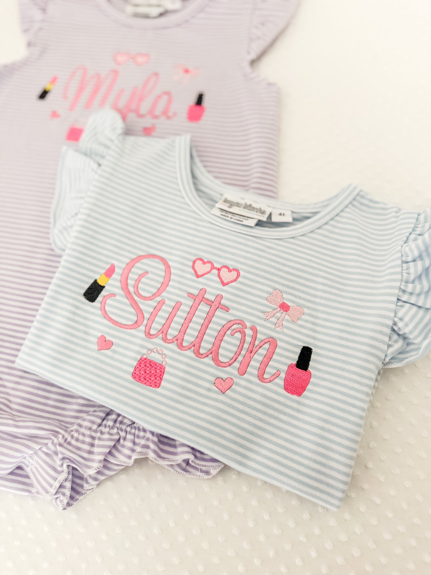 Embroidered Stripe Flutter Sleeve Makeup Bubble/Tee