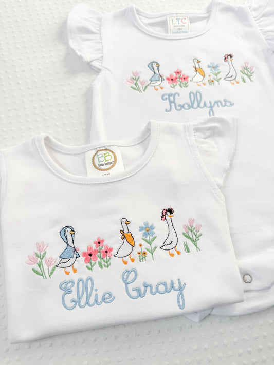 Spring Geese Embroidered Flutter Tee/Bubble