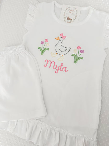 Girls Embroidered Goose Shirt& Short Set