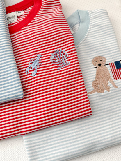 Embroidered SS Light Blue Stripe Puppy/Flag Tee/Bubble