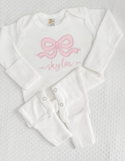 Bow Embroidered Baby Footie