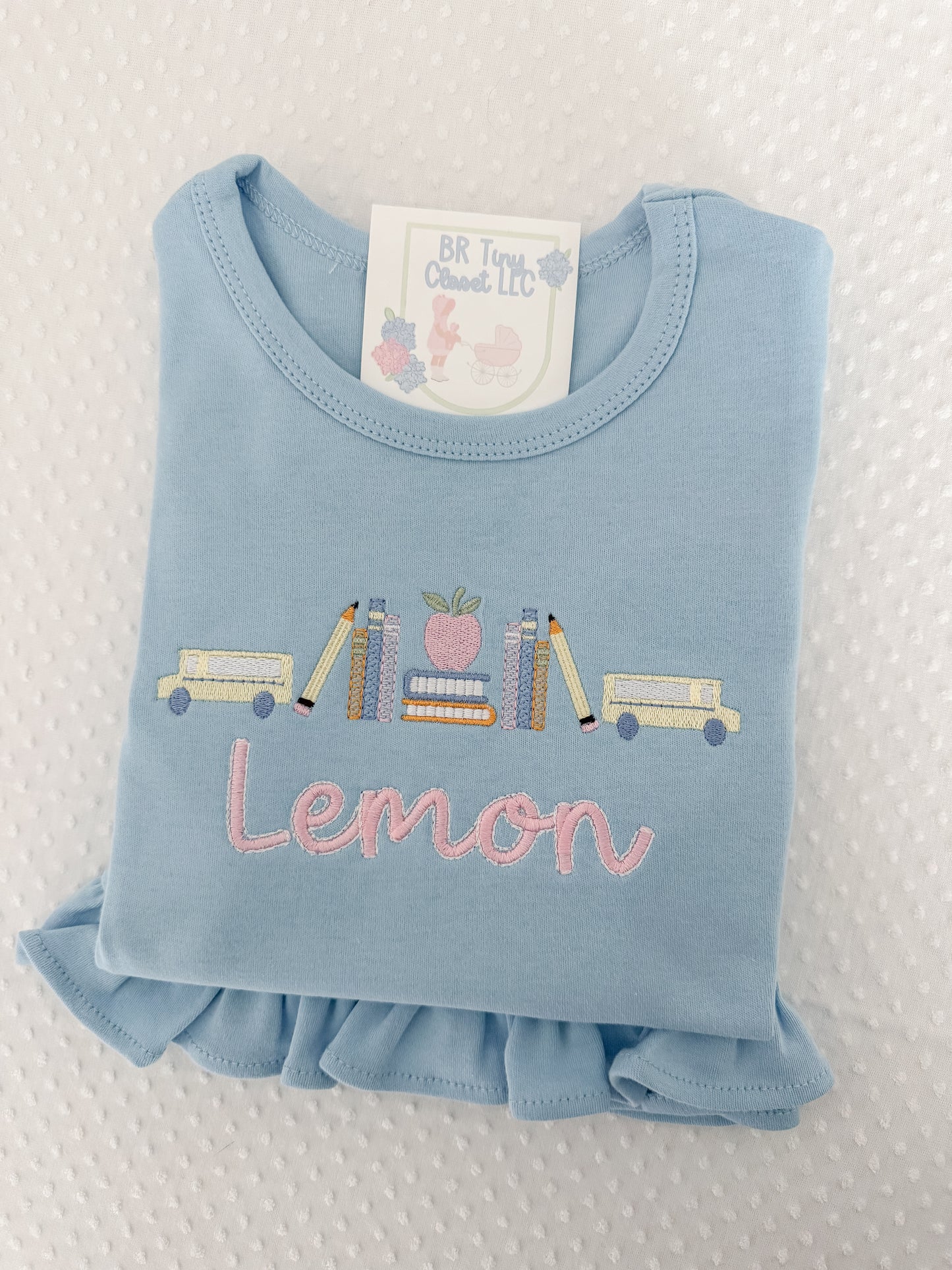 Girls Embroidered School Bus Ruffle Tee