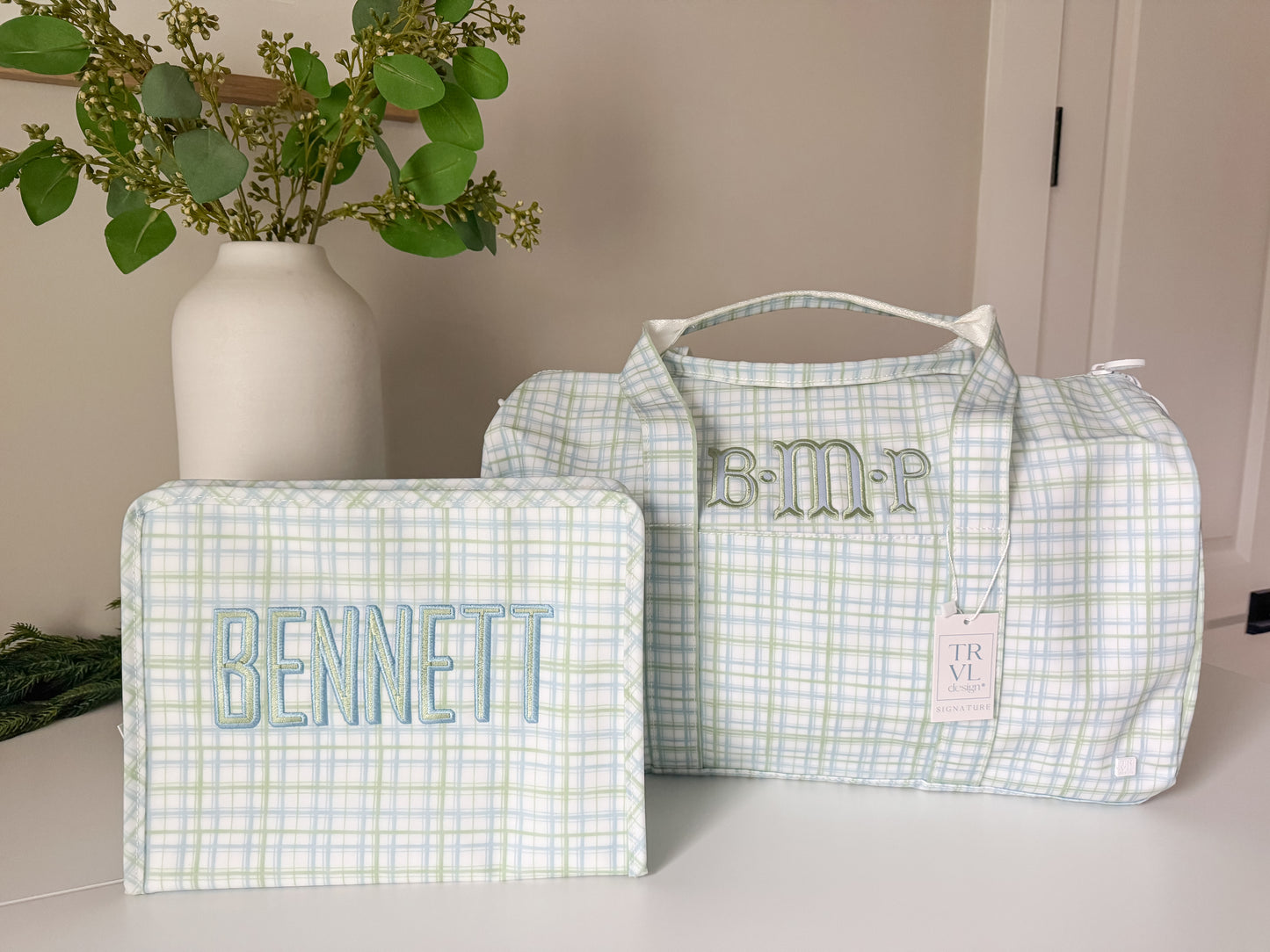 TRVL BLUE GREEN PLAID WEEKENDER DUFFEL