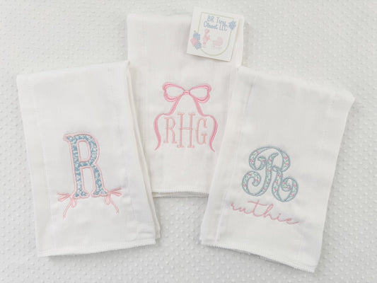 SET of 3, Baby Girl Embroidered Burp Cloths