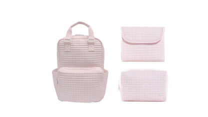 TRVL PINK PIMLICO STRIPE QUILTED DIAPER BAG, CHANGING PAD AND EVERYDAY BAG SET