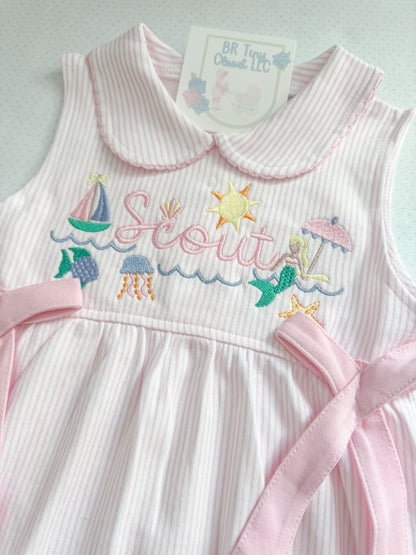 Embroidered Mermaid Beach Pink Bow Bubble with Eyelet Trim