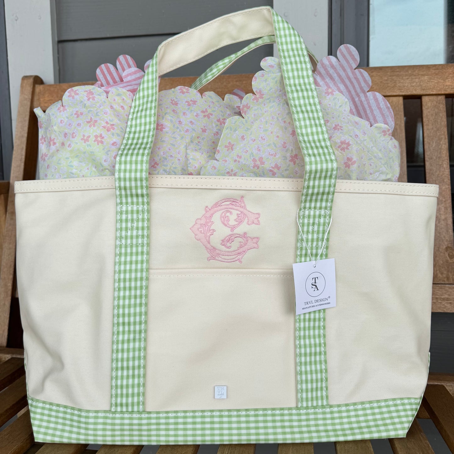 TRVL Medium Canvas Tote in Leaf Green Gingham