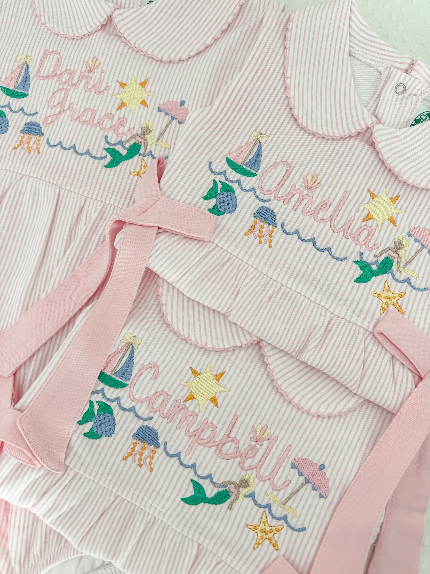 Embroidered Mermaid Beach Pink Bow Bubble with Eyelet Trim