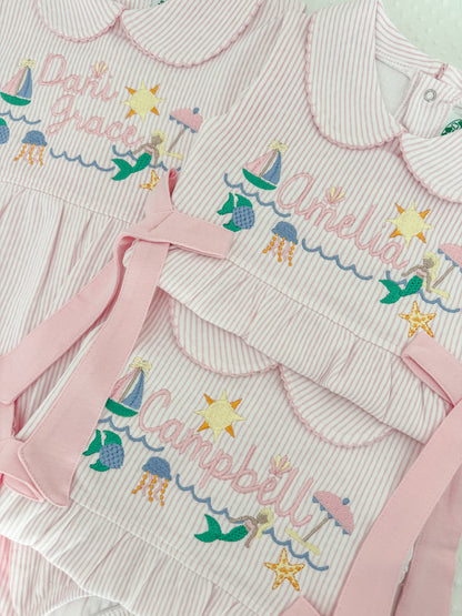 Embroidered Mermaid Beach Pink Bow Bubble with Eyelet Trim