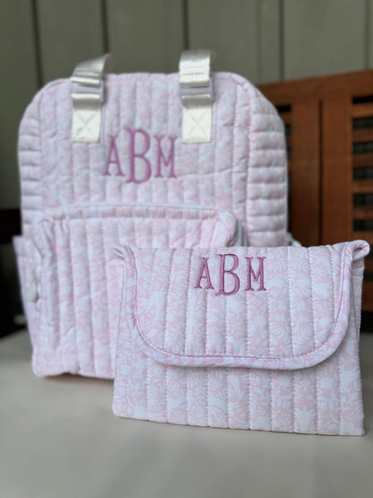 TRVL PINK WOODLAND QUILTED DIAPER BAG, CHANGING PAD AND EVERYDAY BAG SET
