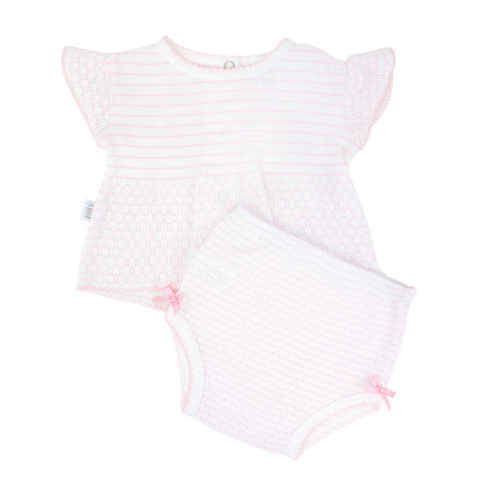 Flutter Sleeve Pinstripe Knit 2pc Diaper Set with Bows