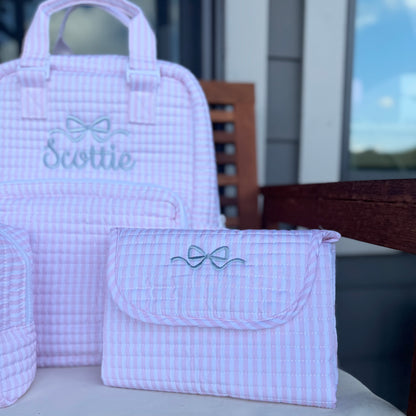 TRVL PINK PIMLICO STRIPE QUILTED DIAPER BAG, CHANGING PAD AND EVERYDAY BAG SET