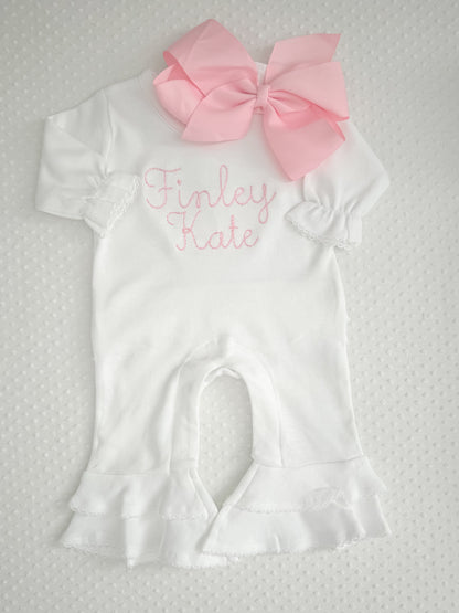Embroidered White Baby Ruffle Romper