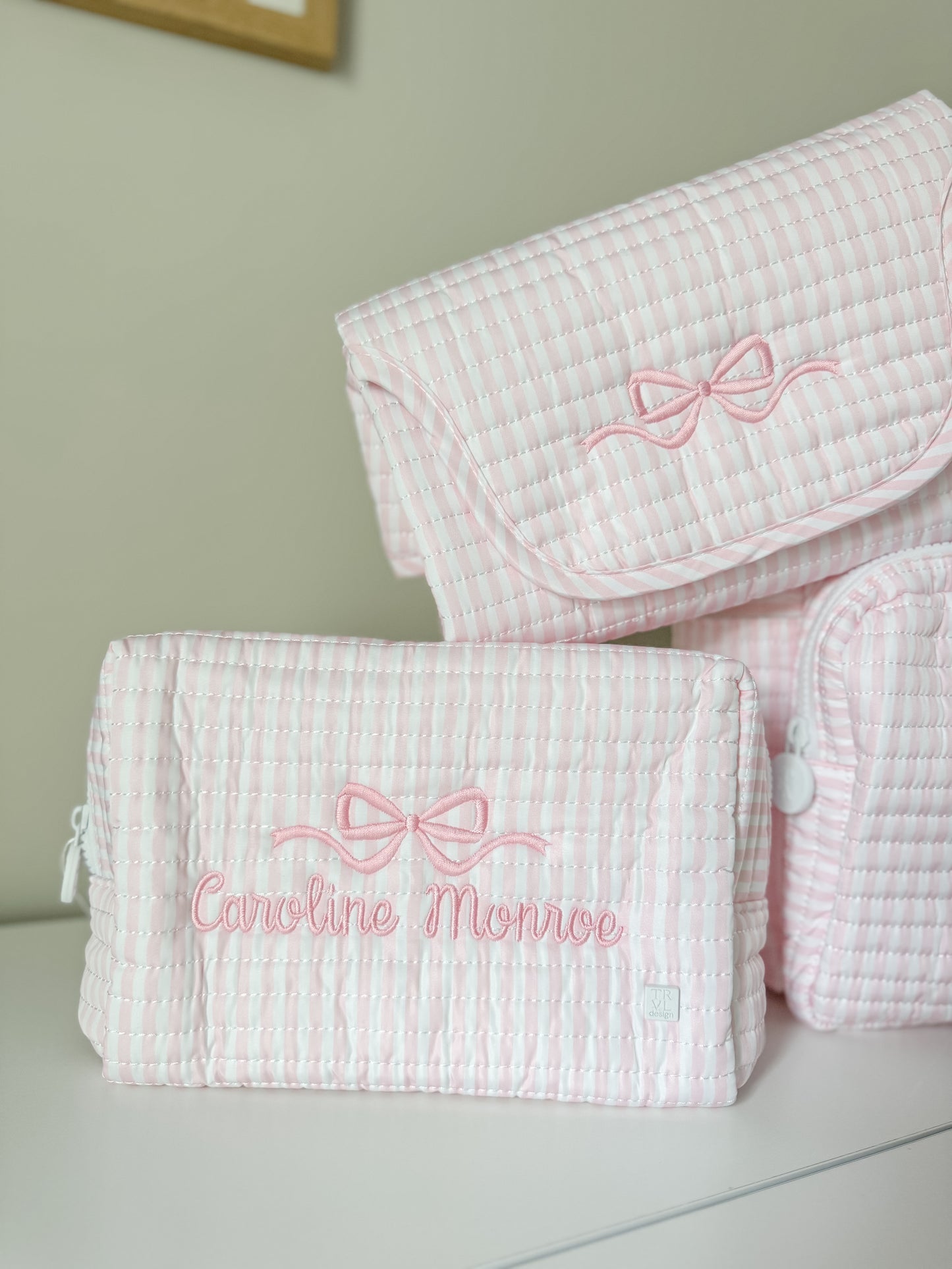 TRVL PINK PIMLICO STRIPE QUILTED DIAPER BAG, CHANGING PAD AND EVERYDAY BAG SET