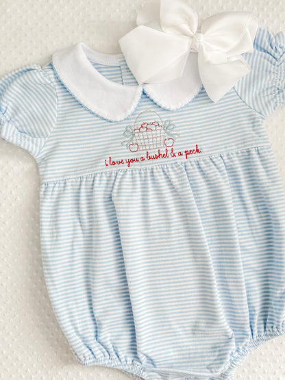 Embroidered SS Blue Stripe Bubble, I love you a bushel & a peck