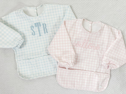 TRVL BLUE GINGHAM LS SMALL BIB