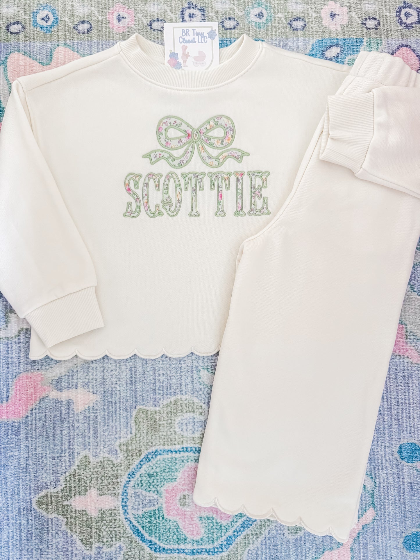 Cream Scalloped Sweatsuit w/ Appliqué Bow/Name