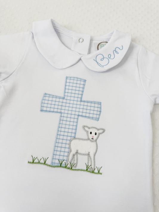 Appliqué Easter/ Cross Lamb Collared Romper