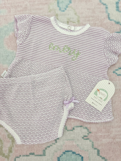 Embroidered “Emery” Paty Lavender Flutter Sleeve Knit 2pc Diaper Set with Bows