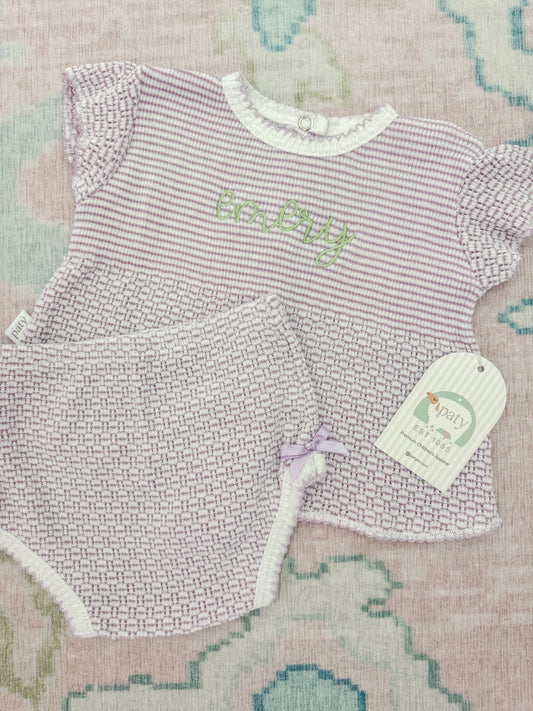 Embroidered “Emery” Paty Lavender Flutter Sleeve Knit 2pc Diaper Set with Bows