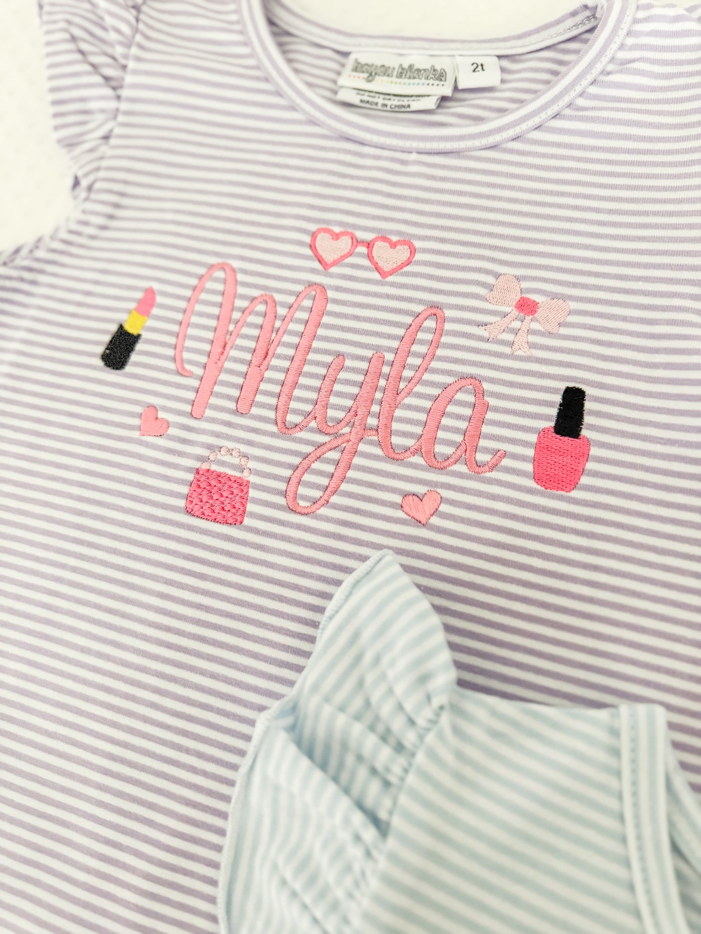 Embroidered Stripe Flutter Sleeve Makeup Bubble/Tee