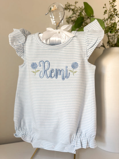 Embroidered Stripe Flutter Sleeve Hydrangeas Bubble/Tee