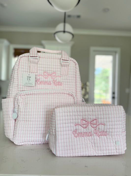 TRVL PINK PIMLICO STRIPE QUILTED DIAPER BAG, CHANGING PAD AND EVERYDAY BAG SET