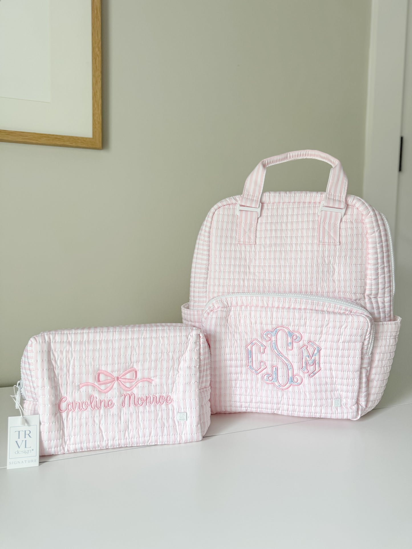 TRVL PINK PIMLICO STRIPE QUILTED DIAPER BAG, CHANGING PAD AND EVERYDAY BAG SET