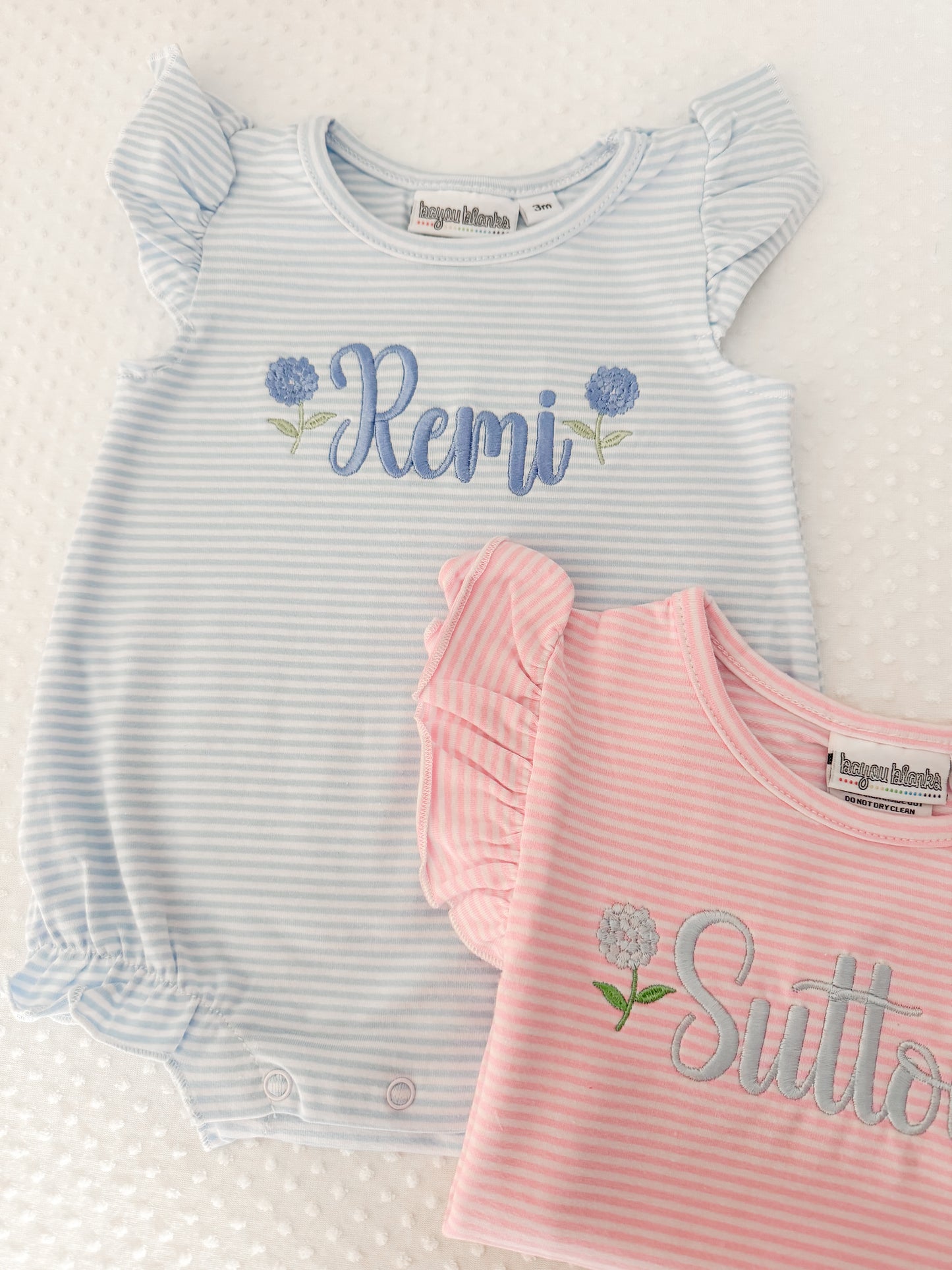 Embroidered Stripe Flutter Sleeve Hydrangeas Bubble/Tee