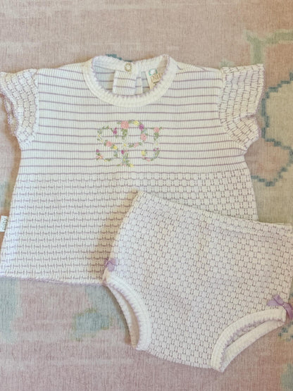 Flutter Sleeve Pinstripe Knit 2pc Diaper Set with Bows