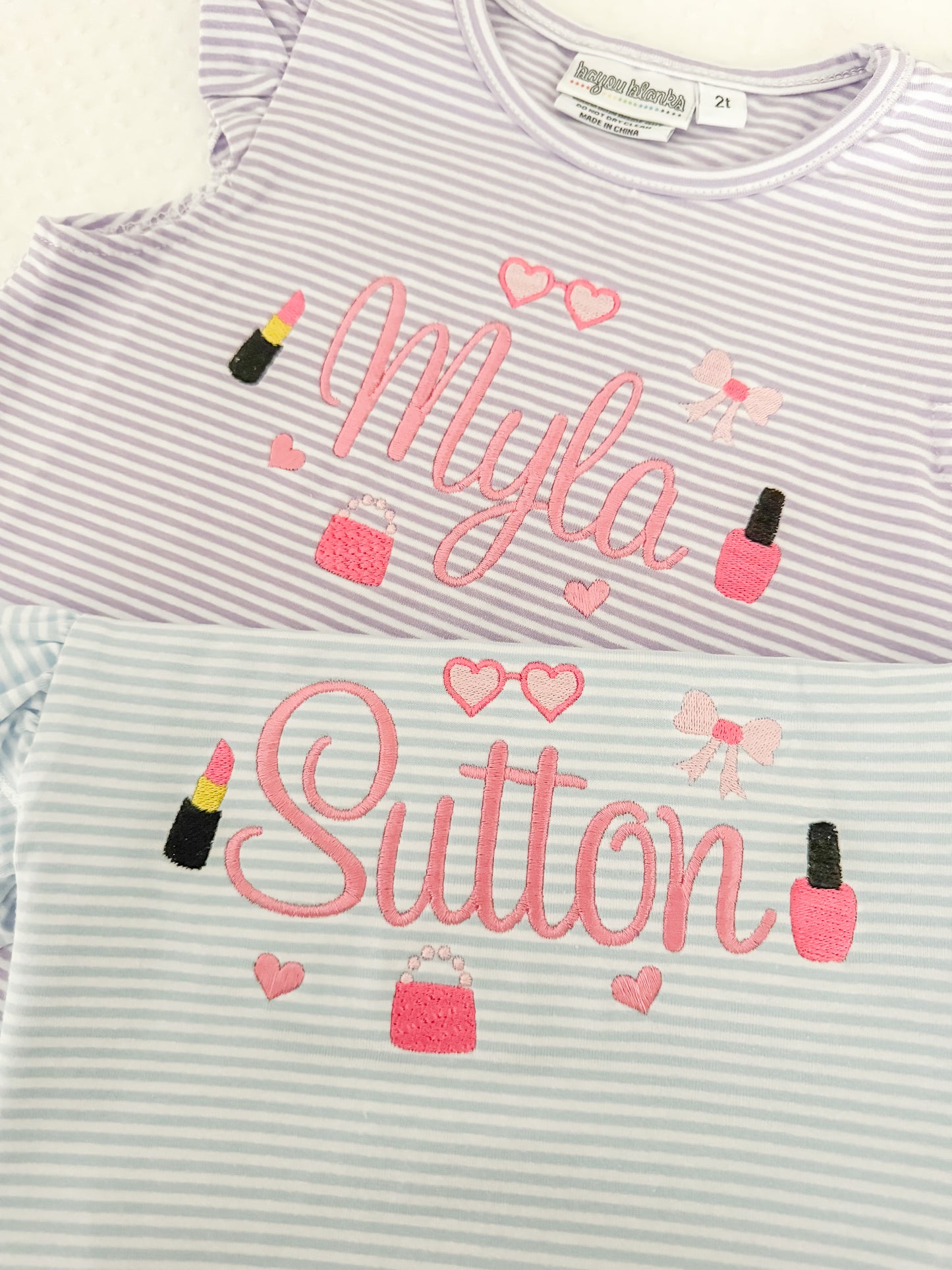 Embroidered Stripe Flutter Sleeve Makeup Bubble/Tee