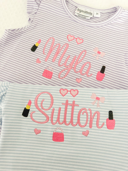 Embroidered Stripe Flutter Sleeve Makeup Bubble/Tee