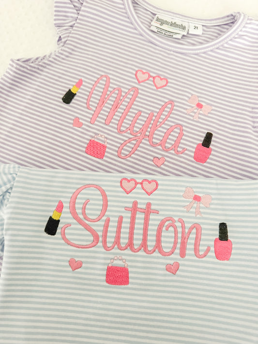 Embroidered Stripe Flutter Sleeve Makeup Bubble/Tee