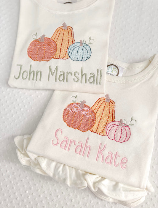 Embroidered Pumpkin Trio Ruffle Sleeve Tee