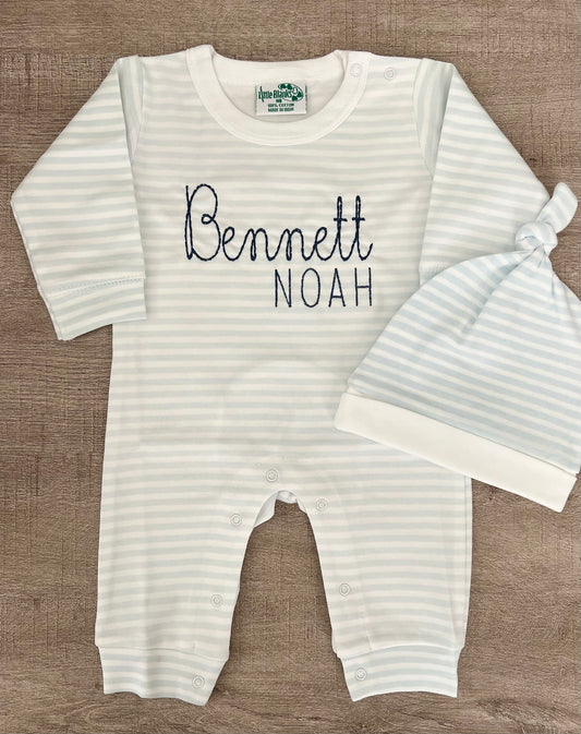 Embroidered Baby Blue & White Stripe Romper+Hat