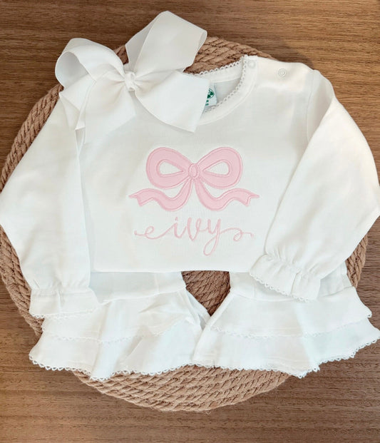 Bow Embroidered Baby Ruffle Romper