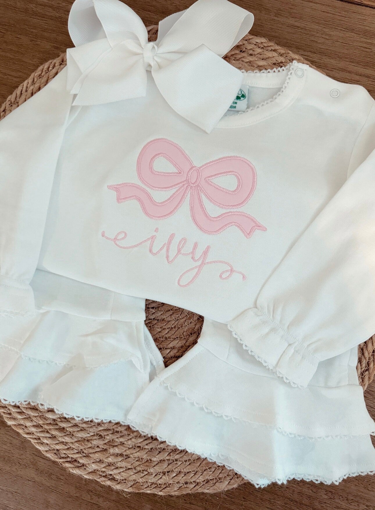 Bow Embroidered Baby Ruffle Romper