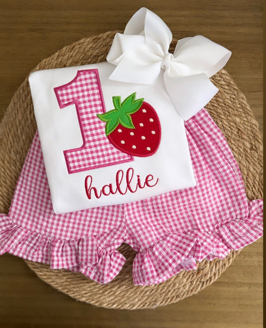 Embroidered Applique Berry First Birthday Outfit
