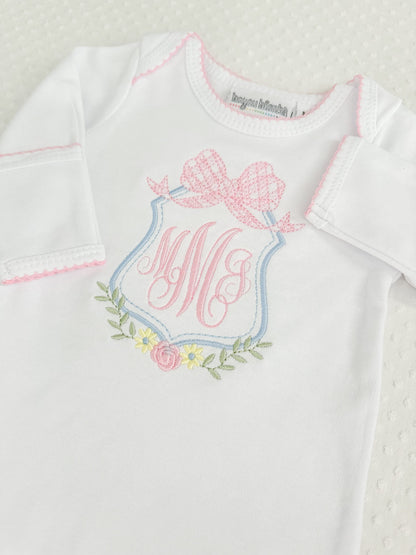 Embroidered Picot Trim Gown with Bow Monogram