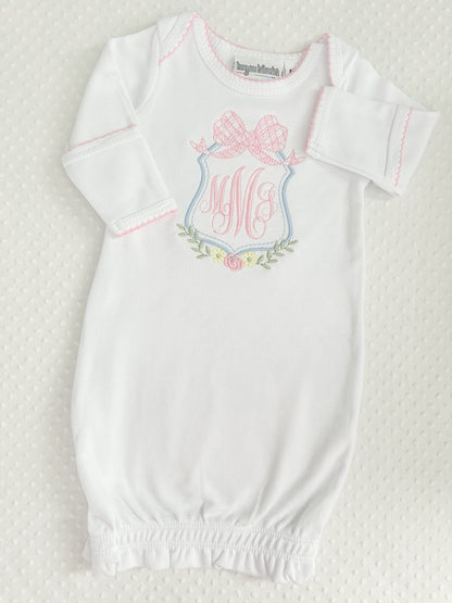 Embroidered Picot Trim Gown with Bow Monogram